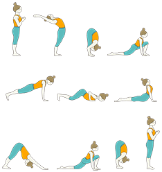 Illustration of a woman doing a sun salutation yoga pose