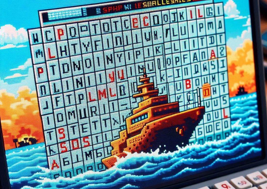 Closeup of computer screen, with a slightly pixelated graphic of a battleship on a choppy sea, in front of a large game grid of letters