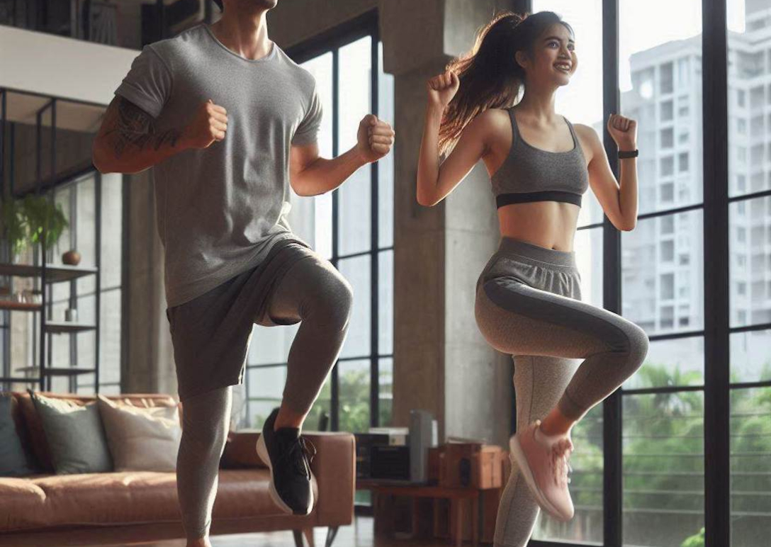 Dark-haired young adult male and female in grey workout clothes exercising in condo living room in front of brown sofa and beside full-height windows. 