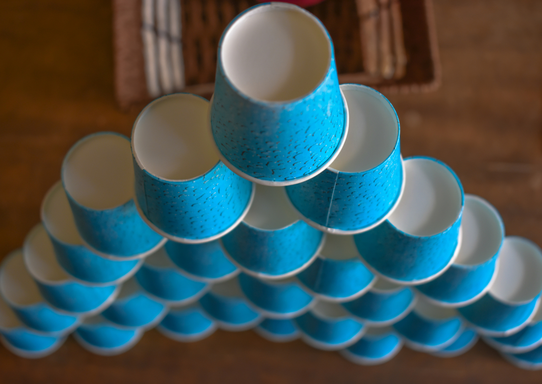 Tower of blue paper cups