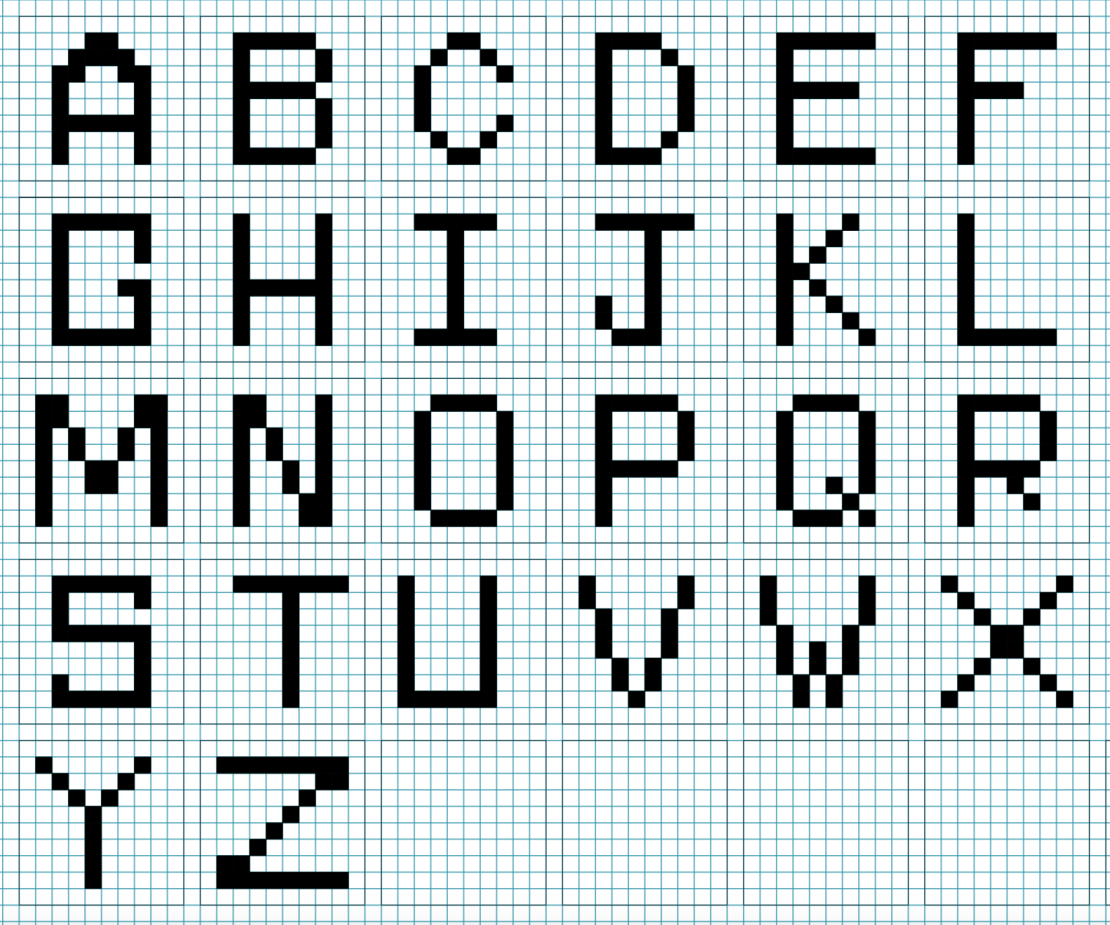 grid sheet with each letter of the alphabet drawn on in black pixels