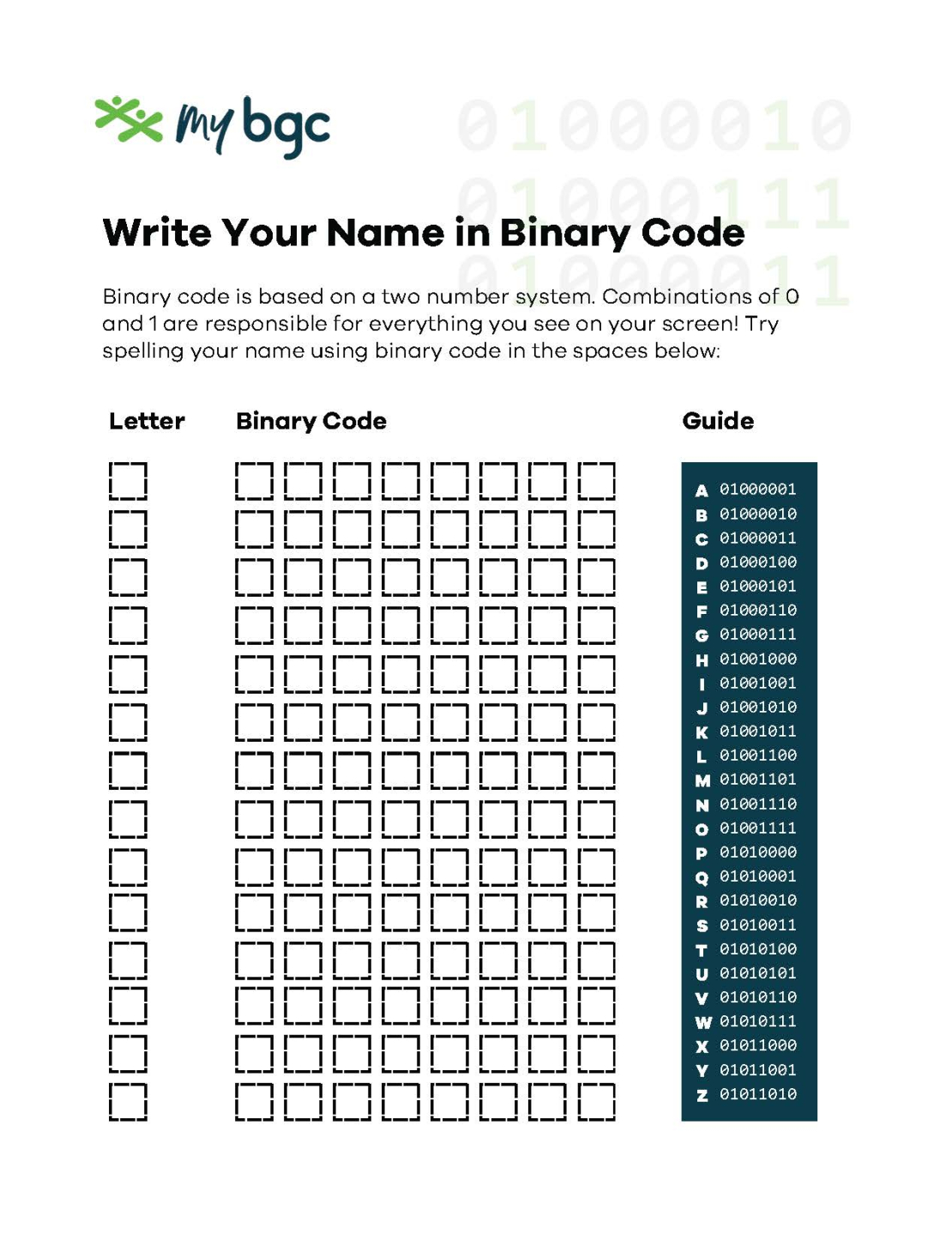 blank worksheet to write your name in binary code