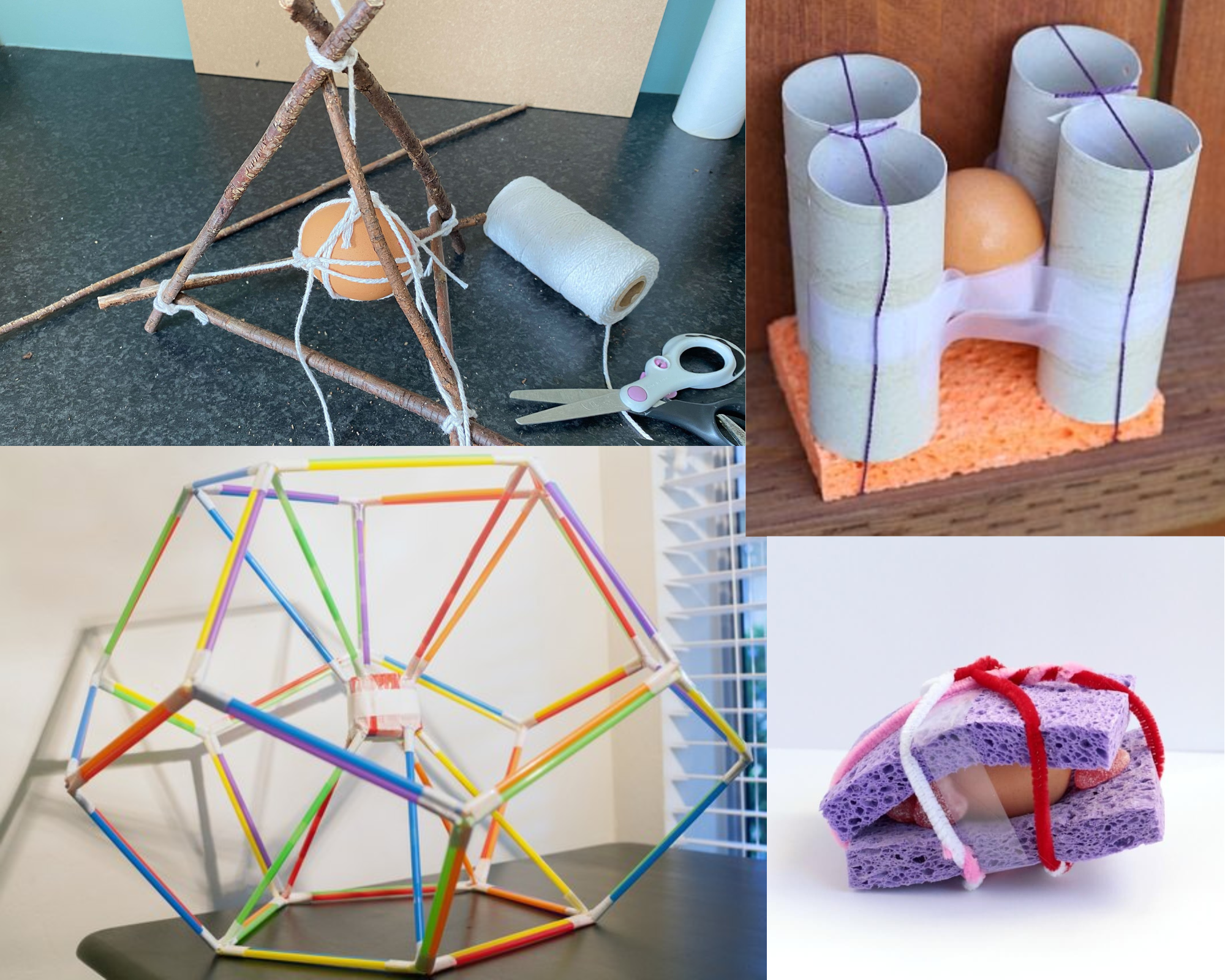 A collage of four egg drop devices.