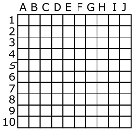 Ten by ten grid, with columns lettered A through J along the top edge and the rows numbered 1 through 10 down the left side