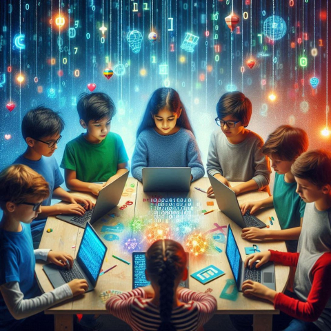 Illustrated image of eight children sitting around a table, learning together on laptops