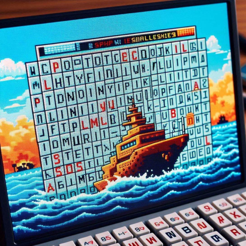 Closeup of computer screen, with a slightly pixelated graphic of a battleship on a choppy sea, in front of a large game grid of letters 