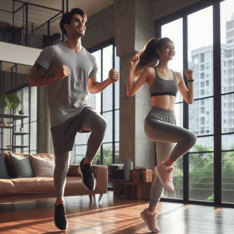 Dark-haired young adult male and female in grey workout clothes exercising in condo living room in front of brown sofa and beside full-height windows. 