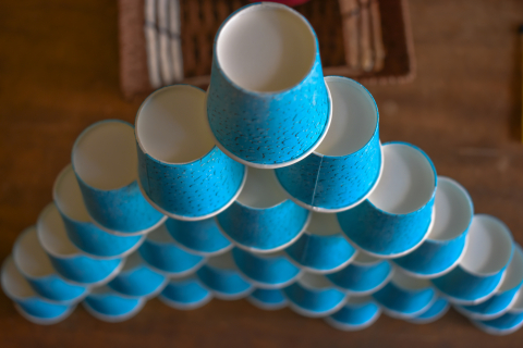 Tower of blue paper cups