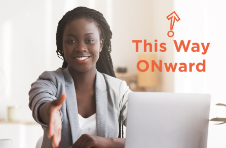 A woman sits at a desk, extending her arm out for a handshake. This Way ONward logo is superimposed in the top right corner.