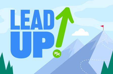 LeadUP with a green arrow pointing to the cloudy sky placed beside two mountain peaks.