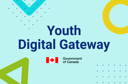 Youth Digital Gateway text in the middle of a colourful page. Below is the Canadian flag and beside this red and white flag is Government of Canada in text.