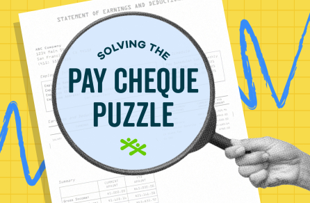 Solving the Pay Cheque Puzzle wordmark on a collaged background showing a magnifying glass over a pay stub