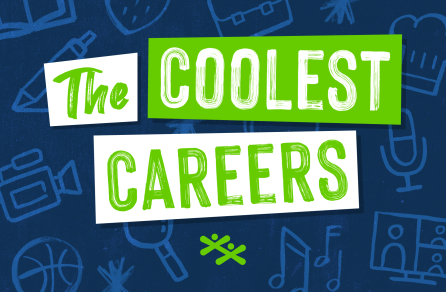 “The Coolest Careers” in bold letters on a background of doodled icons representing various industries; the BGC jacks are present below the title