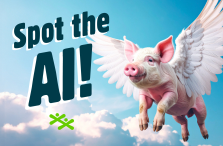 Words that read "Spot the AI" over an image of a pig with wings flying against a background of clouds