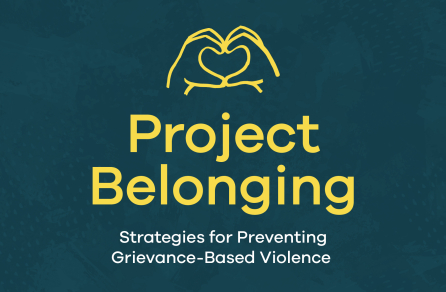A yellow icon of two hands forming a heart above the text “Project Belonging – Strategies for Preventing Grievance-based Violence” on a navy background