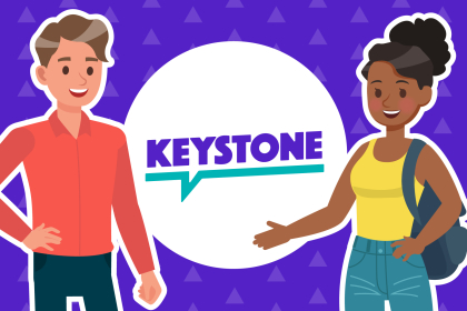 Two members on either side of the keystone logo