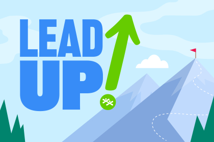 LeadUP with a green arrow pointing to the cloudy sky placed beside two mountain peaks.