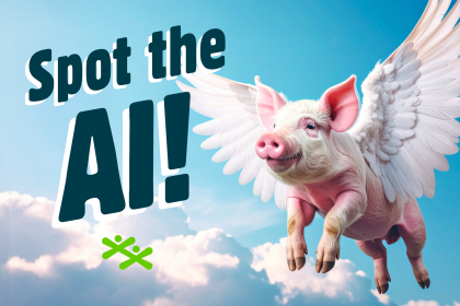 Words that read "Spot the AI" over an image of a pig with wings flying against a background of clouds